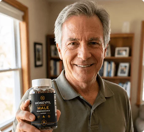 Man in his fifties holding a HoneyFil bottle at home
