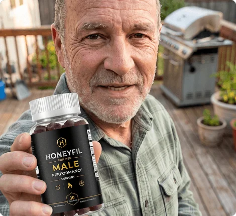 Man on a back deck holding a bottle of HoneyFil men's vitality gummies