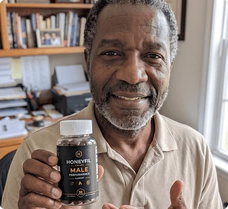 Man in a home office holding a HoneyFil gummy supplement bottle