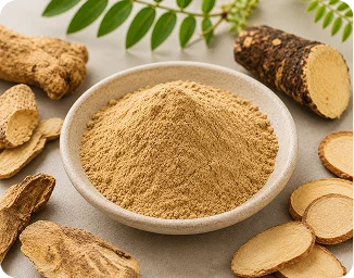 Tan botanical root powder in a ceramic bowl with dried root slices