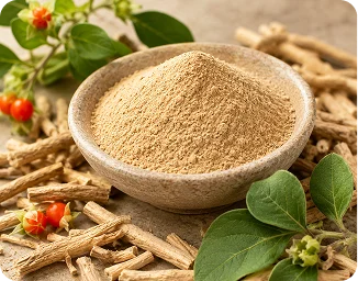 Golden botanical root powder with dried roots and orange berries
