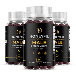 HoneyFil bottle of 30 once-daily men's vitality gummies